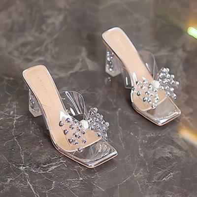 Mode Sommer Neu Damen Slipper Transparentes PVC Hochhackige Sandale Schleife Strass Slipper Quadratische Zehenfreie Hochhackige Slipper für Damen