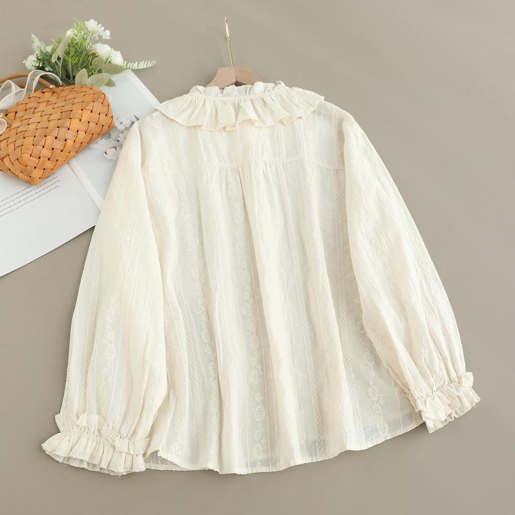 Women's Mori Girl Style Cotton Shirt with Ruffled Lace Collar, Tie-up Long Sleeves, and Heavy Embroidery