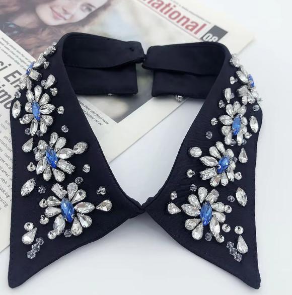 Handmade Women's Accessory Removable Fake Collar with Rhinestone & Beaded Applique Detachable Shirt Choker Fabric Material