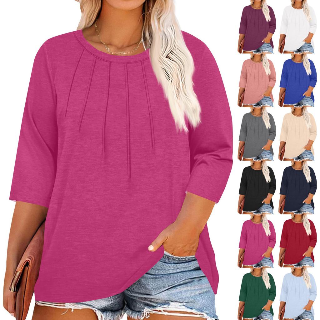 Women's Solid Color Round Neck Plus Size Tops 3/4 Sleeves Elegant Shirt Tops