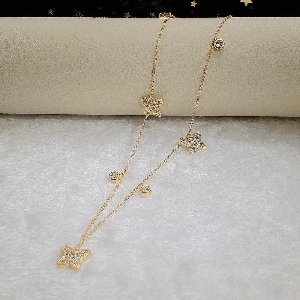 Gold Plated Layered Butterfly CZ Pendant Necklace, Delicate Star & Round CZ Double Chain Necklace for Women