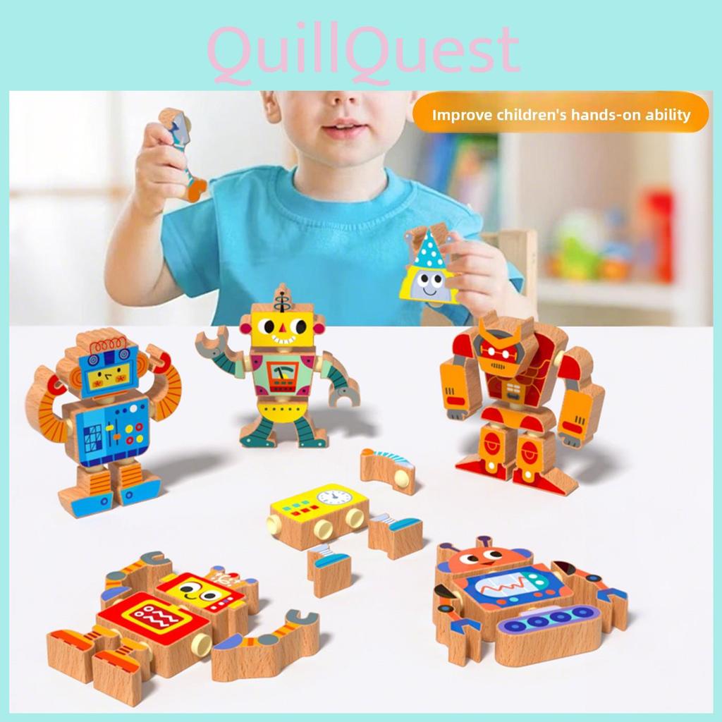 6 Piece Wooden Cartoon Robot Assembly Building Block Children Puzzle Toy Set For Brain Development