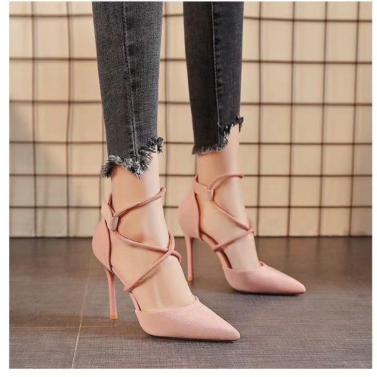 Cross-strap Roman Sandals Suede High Heels Women's Shoes One-line Buckle Fine Heel Pointed Sandals Zaptos Mujer