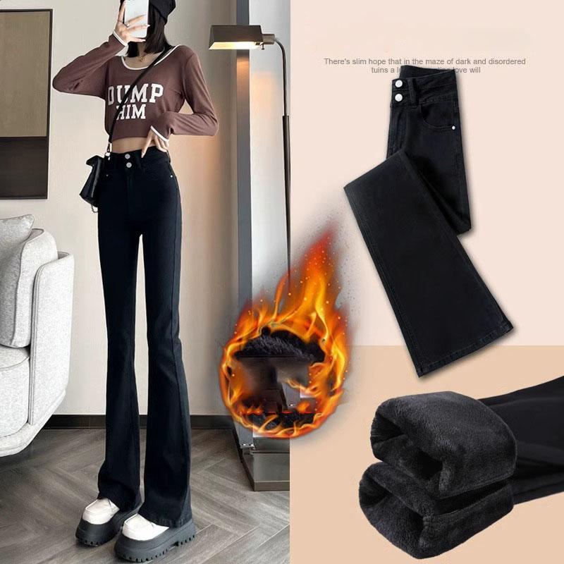 

Зимние женские узкие расклешенные брюки из утолщенного флиса, теплые, с высокой талией, ретро, хлопковые, эластичные, джинсовые брюки, черные, синие, модные, корейские XS