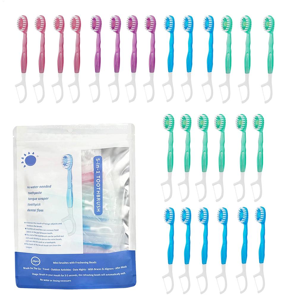 

5-in-1 Mini Toothbrushes with Toothpaste Tongue Scraper Flosses Portable Soft Versatile Toothbrush Kit for Home and Travel