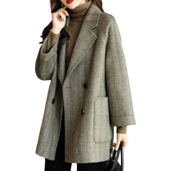 Cappotto Invernale di Lana da Donna Stile Formale da Lavoro Colletto Reversibile Doppiopetto Soprabito di Media Lunghezza OL