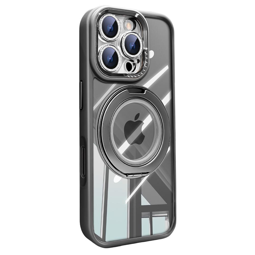 For iPhone 16 Pro Case Magnetic Rotating Kickstand PC+TPU Phone Cover with Glitter Camera Lens Film