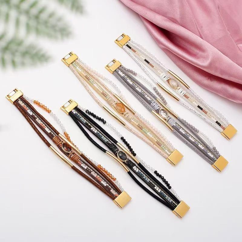 Stapelbare Kristalle Perlen Herz Lederarmband für Frauen Bohemian Handgemacht Verstellbares Armband Westliches Geschenk