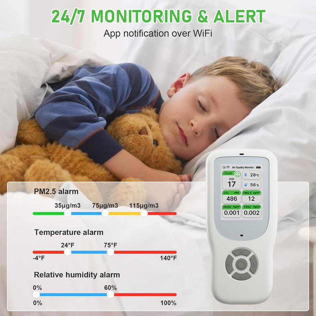 Air Quality Monitor Indoor, Portable Air Quality Tester for PM1.0, PM2.5, PM10, CO2, TVOC,Temperature and Humidity with Alert for Home Office School