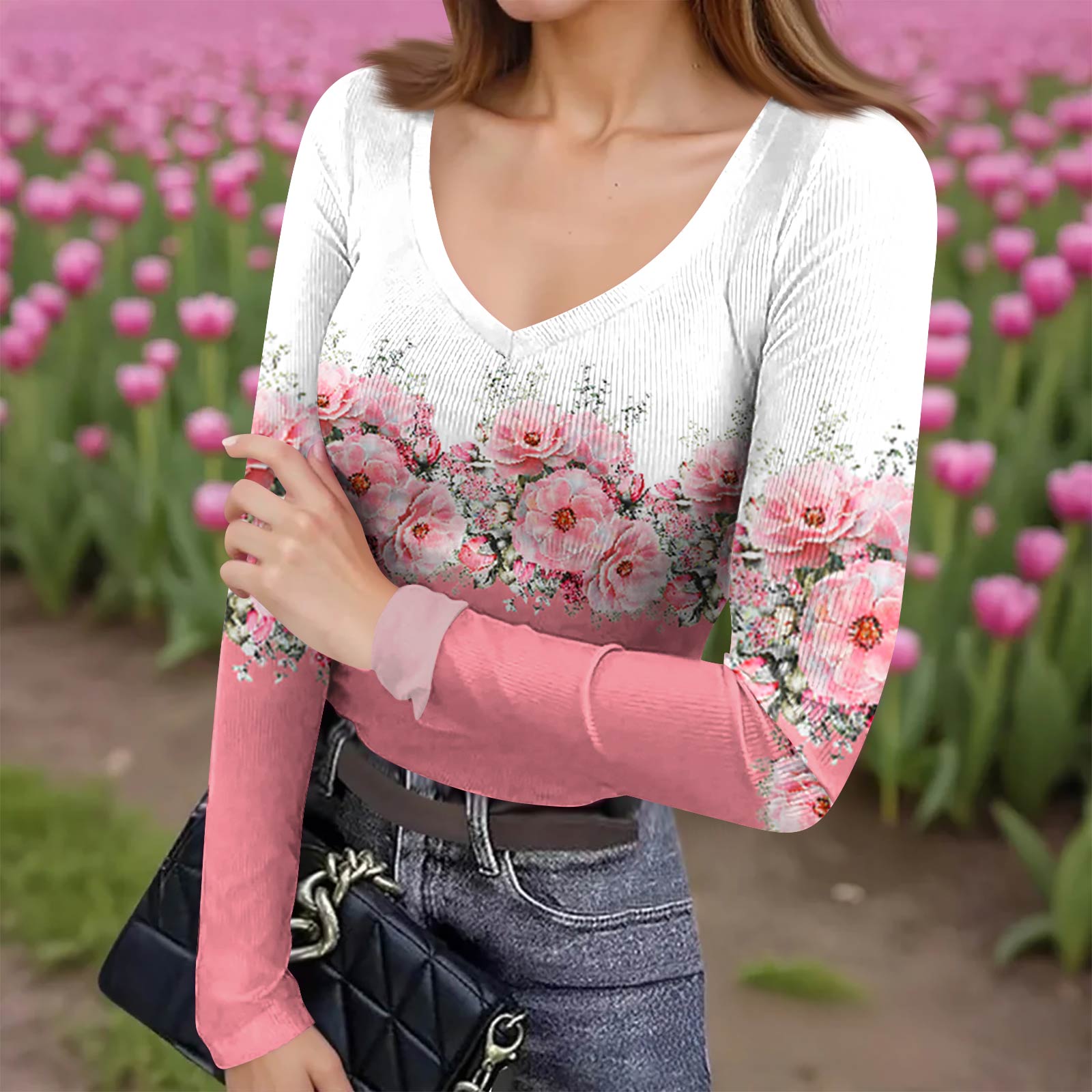 

Женская зимняя приталенная футболка-базовый слой, модный принт, V-образный вырез, пуловер, топ с длинным рукавом S розовый