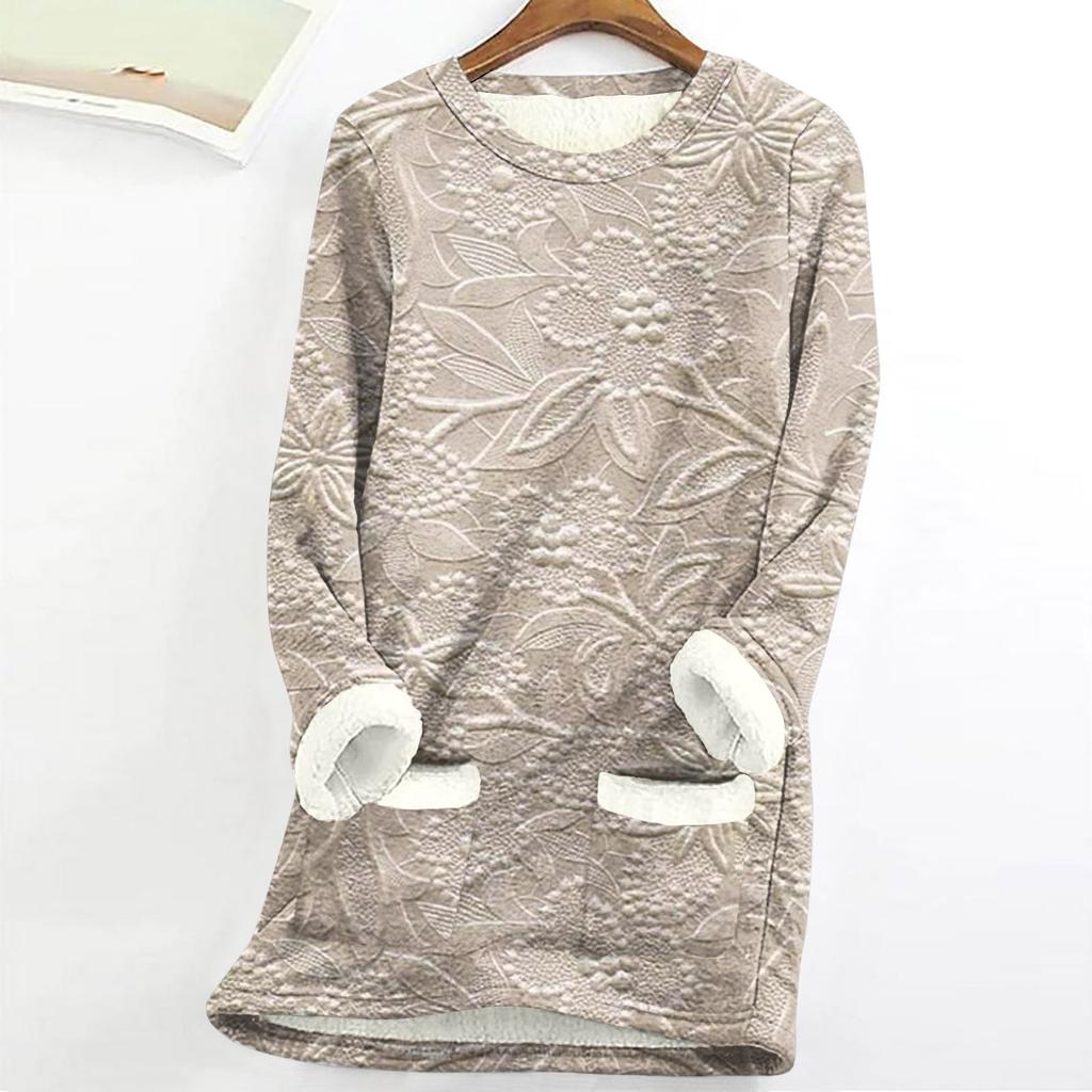 Dame Rundhals Topp Trykk Fortykket Plysj Kasjmir Varm Lang Topp