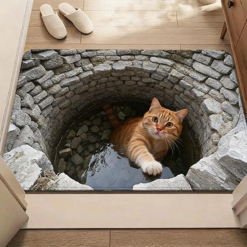 Cute Kitten Door Mat Stone Hole Water Well 2D Printed Carpet Endless Abyss Pattern Living Room Bedroom Decorative Floor Mat