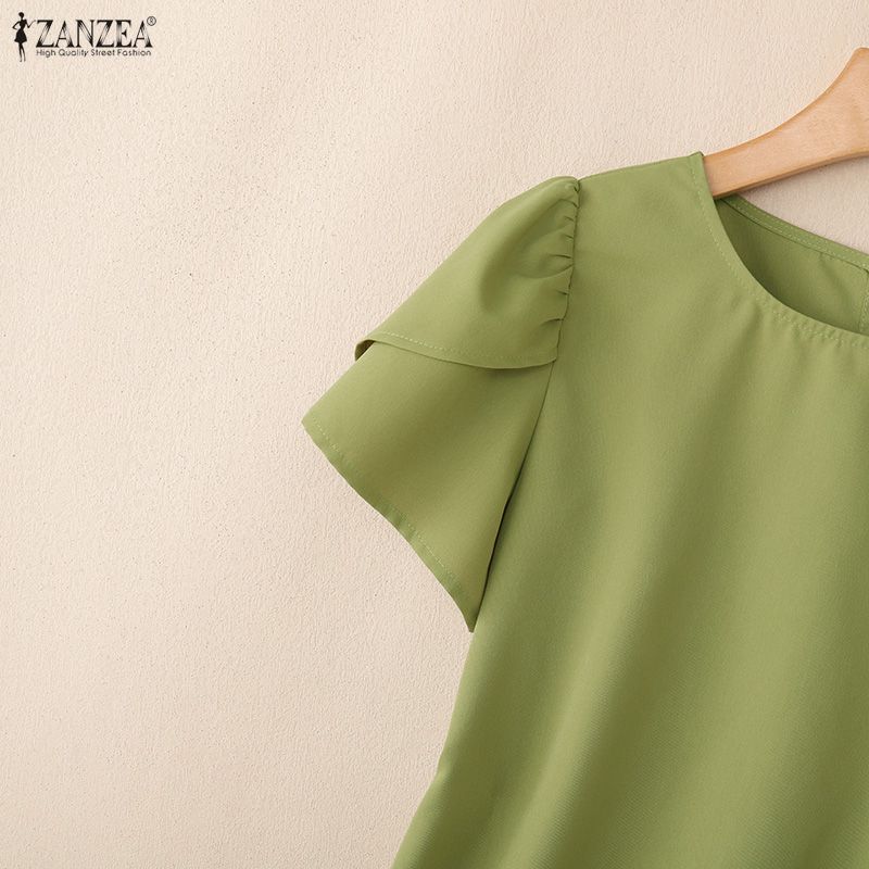 ZANZEA Lässige Bluse mit Rundhalsausschnitt, einfarbig, locker und kurzärmelig für Damen