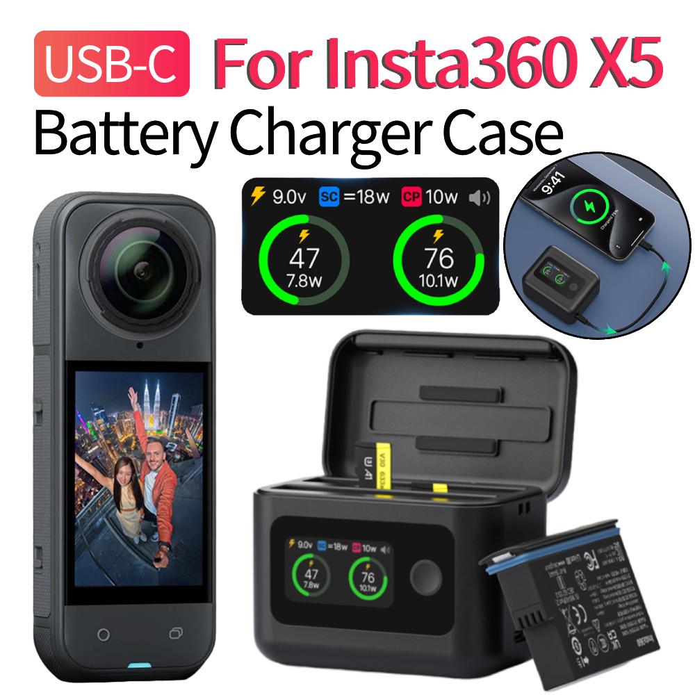 Battery Charger Case For Insta360 X5 Camera Portable Battery Charging Box Emergency Phone Power Bank Action Camera Accessories