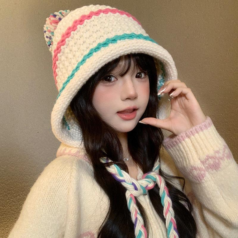 Hand woven Autumn and Winter Warm Hat for Women with Straps and Ear Protection Knitted Hat Showing Face Small Pullover Hat Tassel Woolen Hat