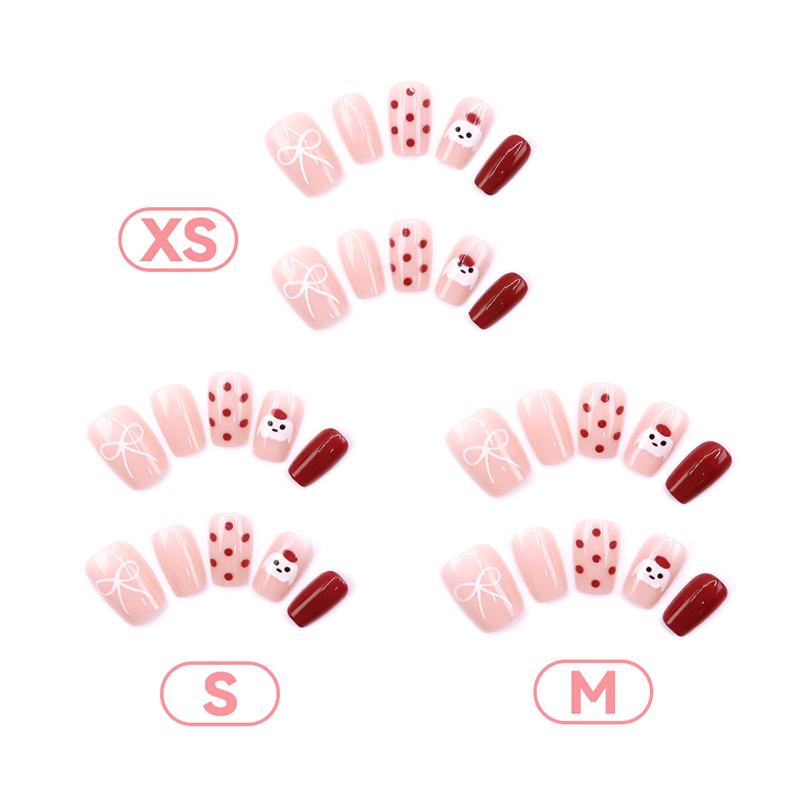 

30 шт. Милые красные шляпки с бантиком в горошек, короткие квадратные накладные ногти с желейным клеем, съемные, с полным покрытием, накладные ногти для прессования