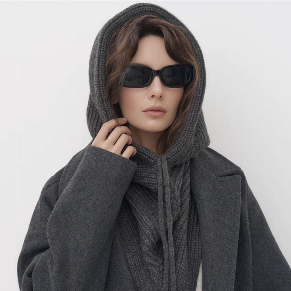 Cute Solid Color Balaclava Hat Warm Thickened Knitted Hooded Cap Beanie Pullover Hat Winter Cap Outdoor