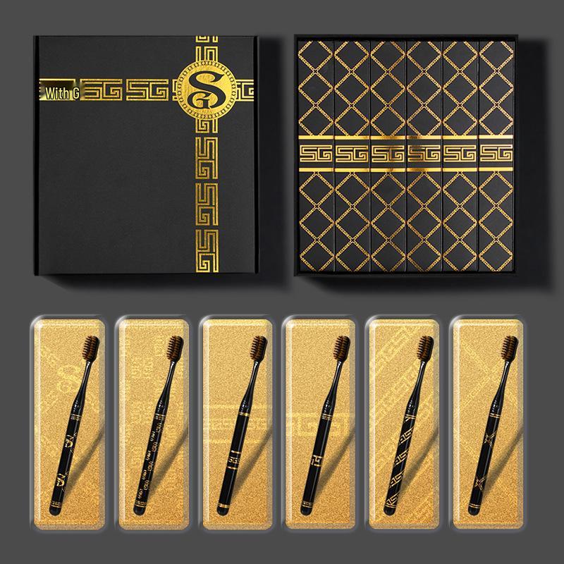 Luksusowy Zestaw Szczoteczek do Zębów z Miękkim Włosiem Hazy Beauty: Czarny Złoty Uchwyt, Szeroka Główka, 6-częściowe Pudełko Prezentowe