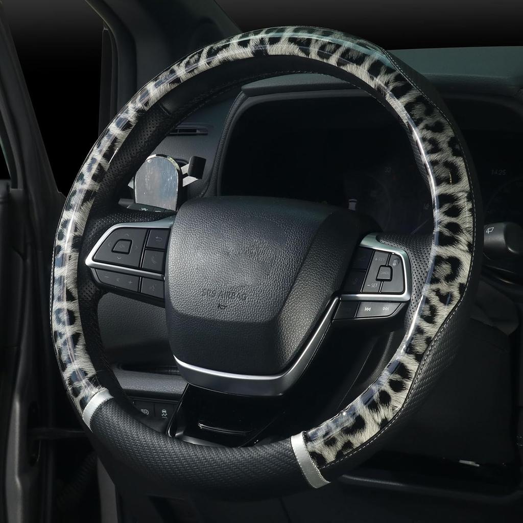 KAFEEK Leopard Print Steering Wheel Cover 15 Inch, Microfiber Leather Cheetah Pattern for Women Girls, Non-Slip Rubber Inner, All-Season Comfort,