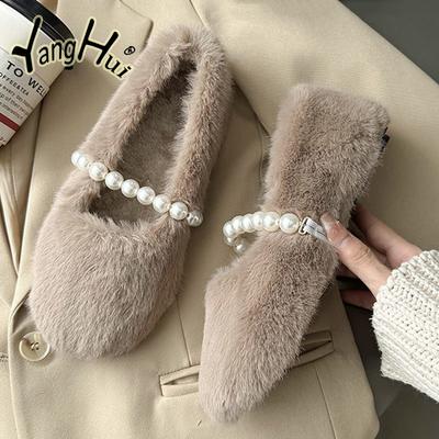 Damesschoenen van wol Kruis Fluffy Casual Beknopt Warm Korte Pluche Flats 2024 Mode Diamant Parel Accessoires Luie Schoenen Winter