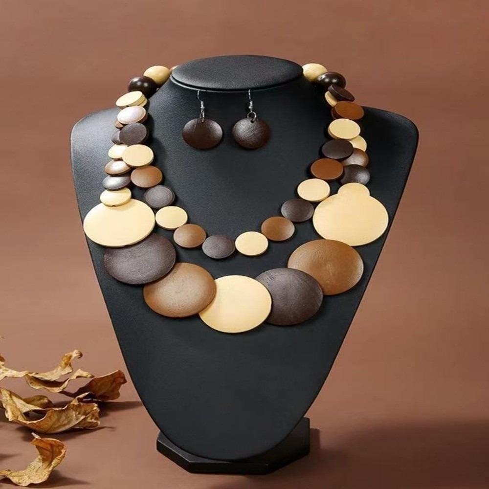 Double Layer Wooden Beaded Necklace Exaggeration Beaded Jewelry Pendant Necklace Beach Vacation