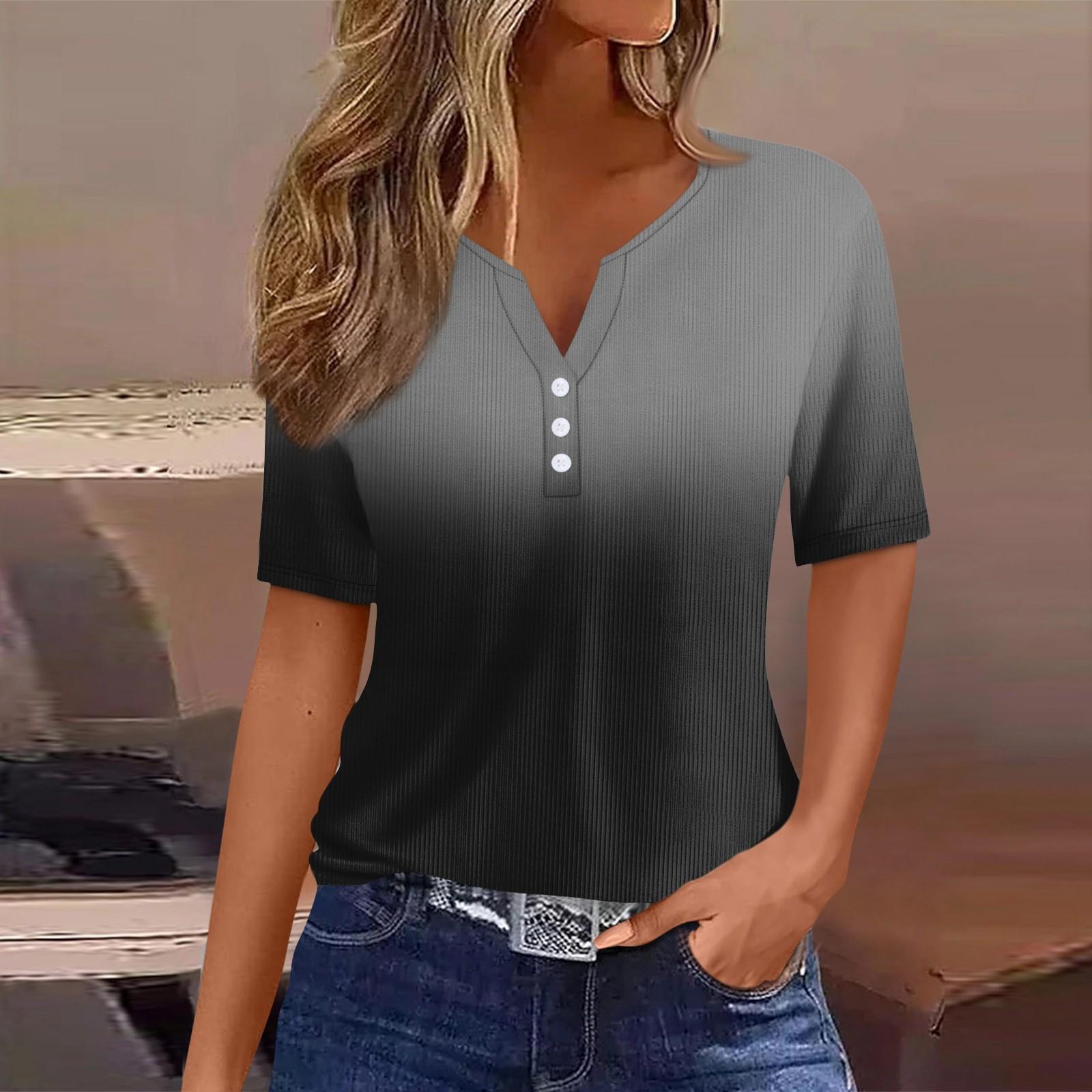 

Женская футболка с принтом на пуговицах, короткий рукав, туника, повседневная, выходного дня, модная, базовая, с V-образным вырезом, стандартный топ L чёрный