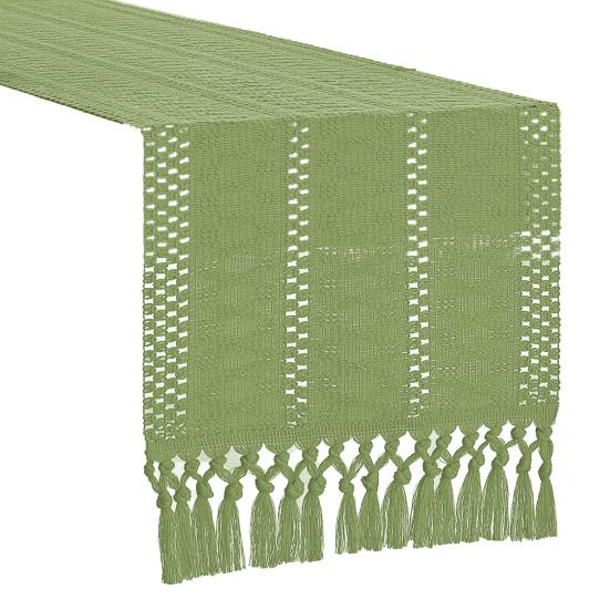 Boho Knitted Table Runner Handmade Rustic Table Runner with Tassels Cotton Linen Farmhouse Table Runner for Dining Table Sideboard Dresser Decor