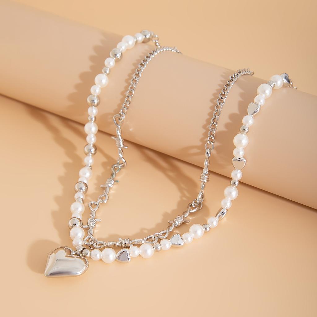 Double Imitation Pearl Love Pendant Necklace, Design Sense Metal Kink Chain Stacked Necklace