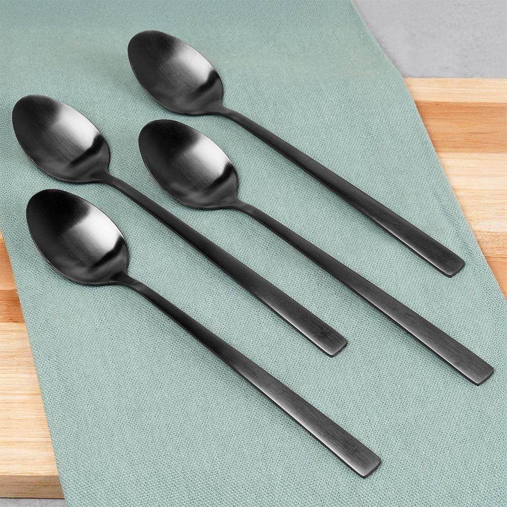 4x Schwarze Cocktail-Löffel Lange Dessert-Löffel für Eis Kaffee-Löffel Set