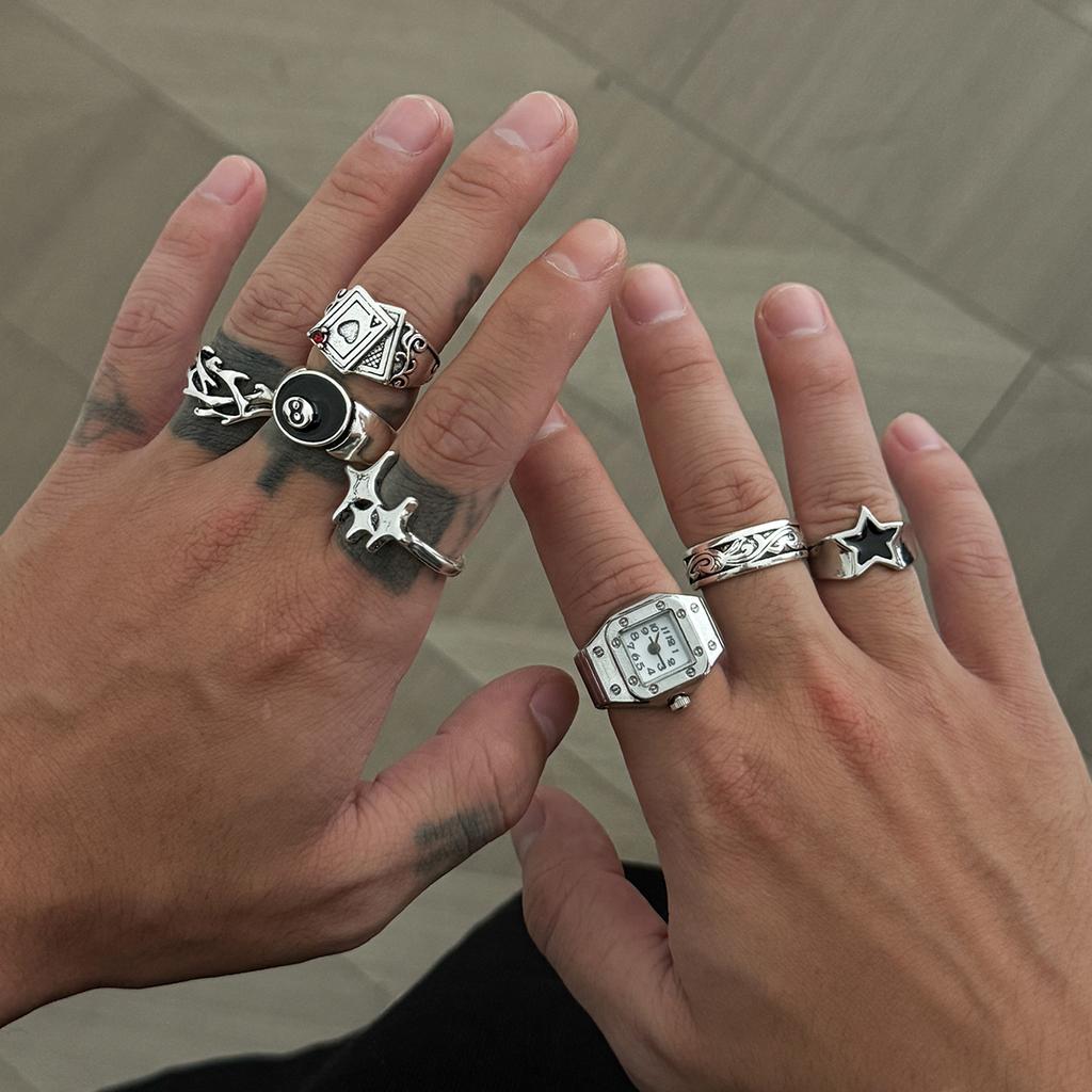 KunJoe 7Pcs/Set Punk Style Poker Watch Rings for Men Hip Hop Irregular Geometry Stars Knuckle Ring Street Jewelry Accessories
