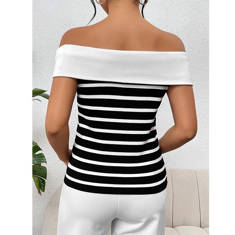Moda Donna Rigata Senza Maniche Fuori Spalla Pullover Pullover Maglieria Donna Primavera Estate