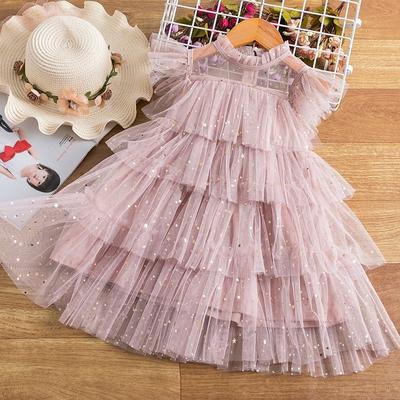 Girls Princess Mesh Layers Cake Dresses For Kids Sequin Elegant Party Tutu Prom Wedding Vestidos Summer Children Ruffles Clothes