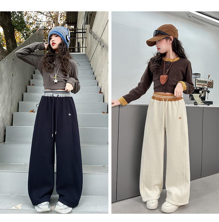 Girls' 2025 Wide-Leg Sweatpants with Velvet - Winter/Spring Sports Style