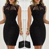 Women Dress Waist Tight Sleeveless with Sequins Lace Stitching Stand Collar Spring