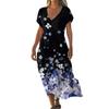 Fashion Women's Summer V-neck Short Sleeve Cotton And Linen Vintage Floral Print Beach Dress