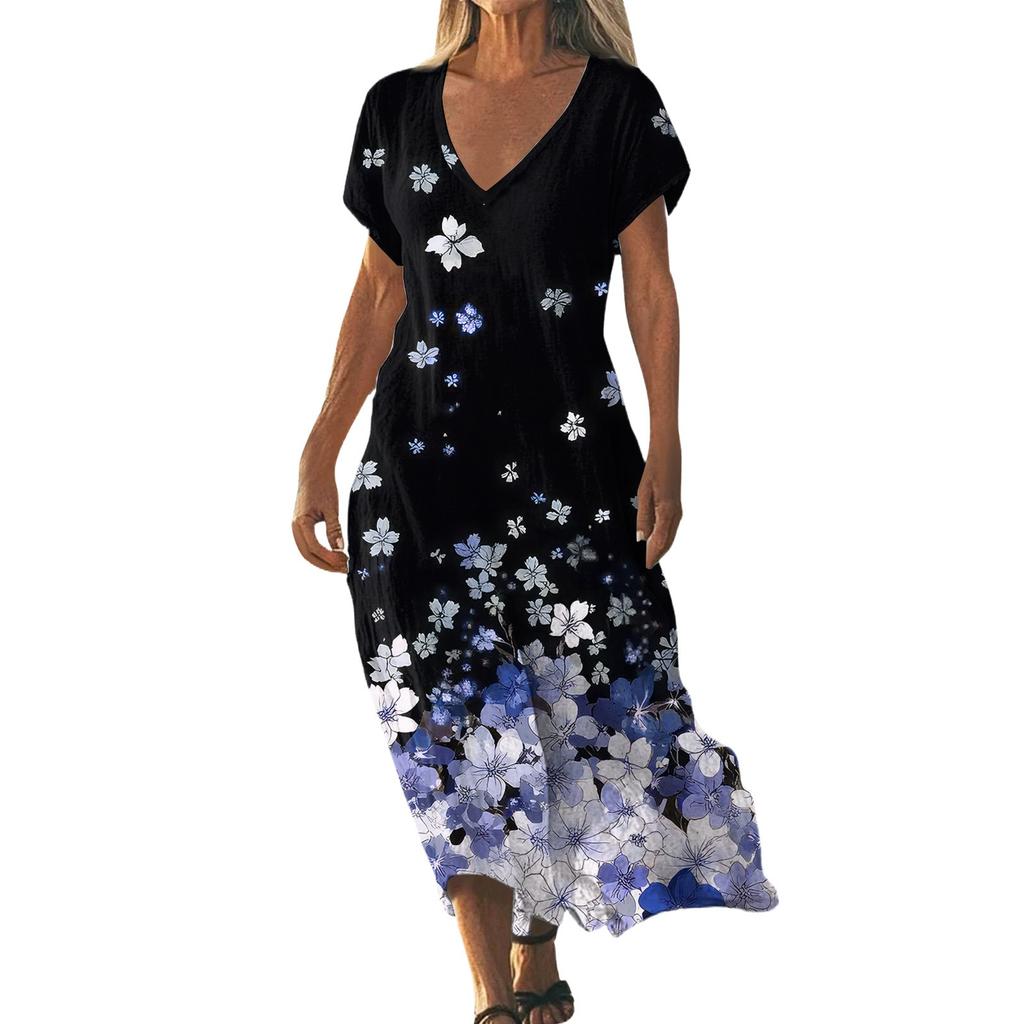 Fashion Women's Summer V-neck Short Sleeve Cotton And Linen Vintage Floral Print Beach Dress