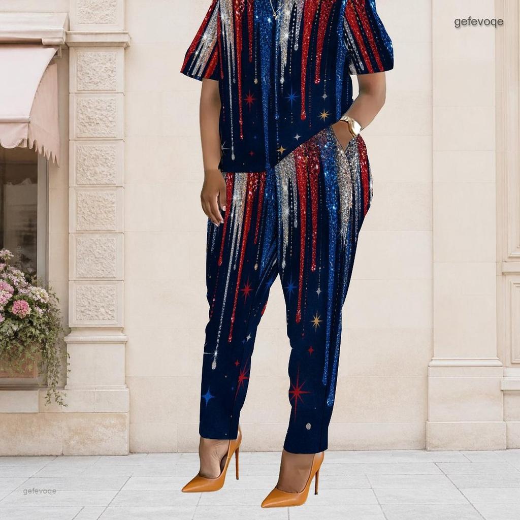 Women Plus Size Two Piece Set Short Sleeve Top Pocket Pants Star Stripe Patriotic Print Outfit