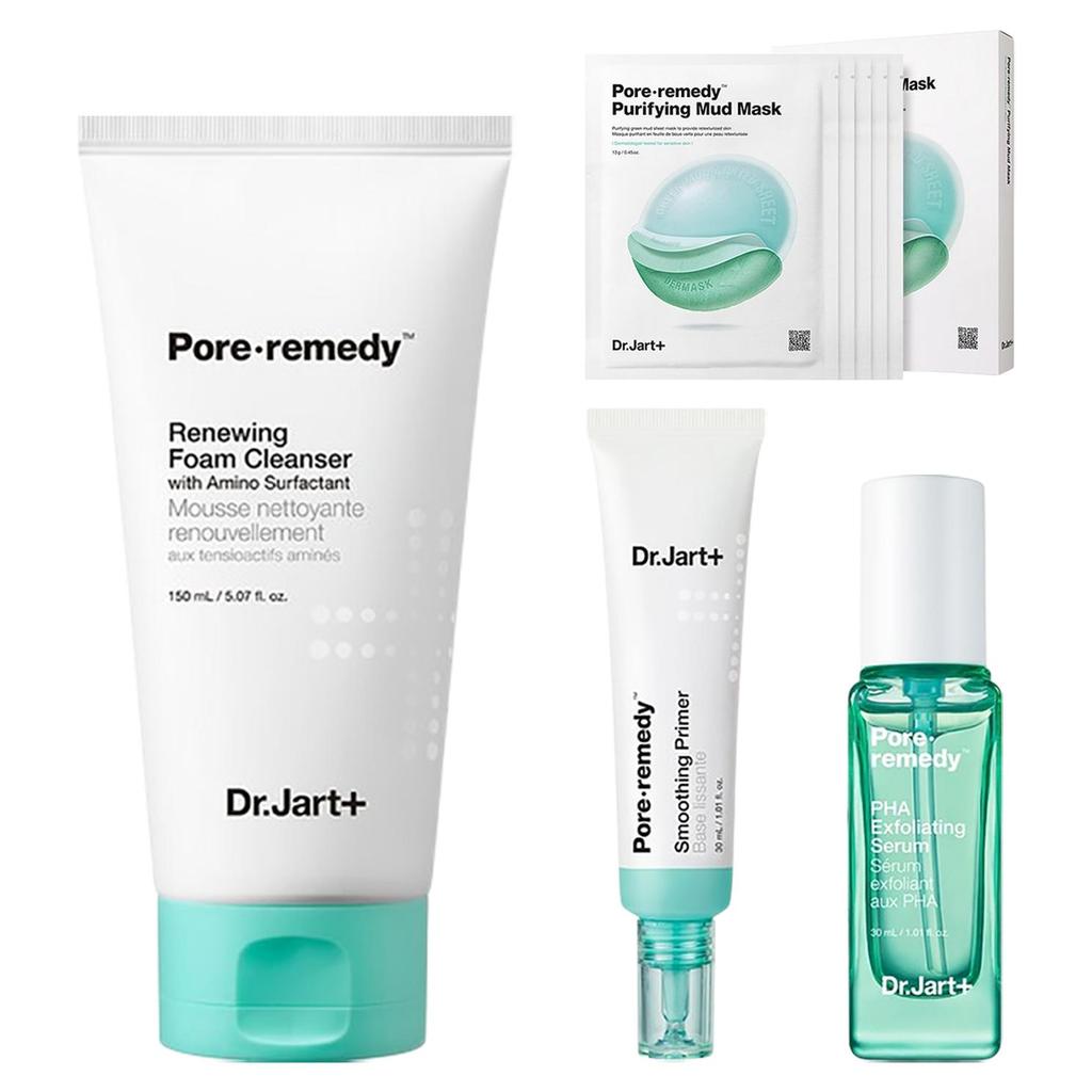 Dr.Jart+ Pore Remedy Porenpflege-Set – Exfolierendes Serum, Glättender Primer, Erneuernder Schaumreiniger, Koreanisch