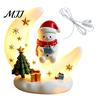 Elk Figurine Ornament Christmas Moon Night Light with Santa Claus, Resin Decoration Warm LED Ornaments Glow, Holiday Tabletop for Home