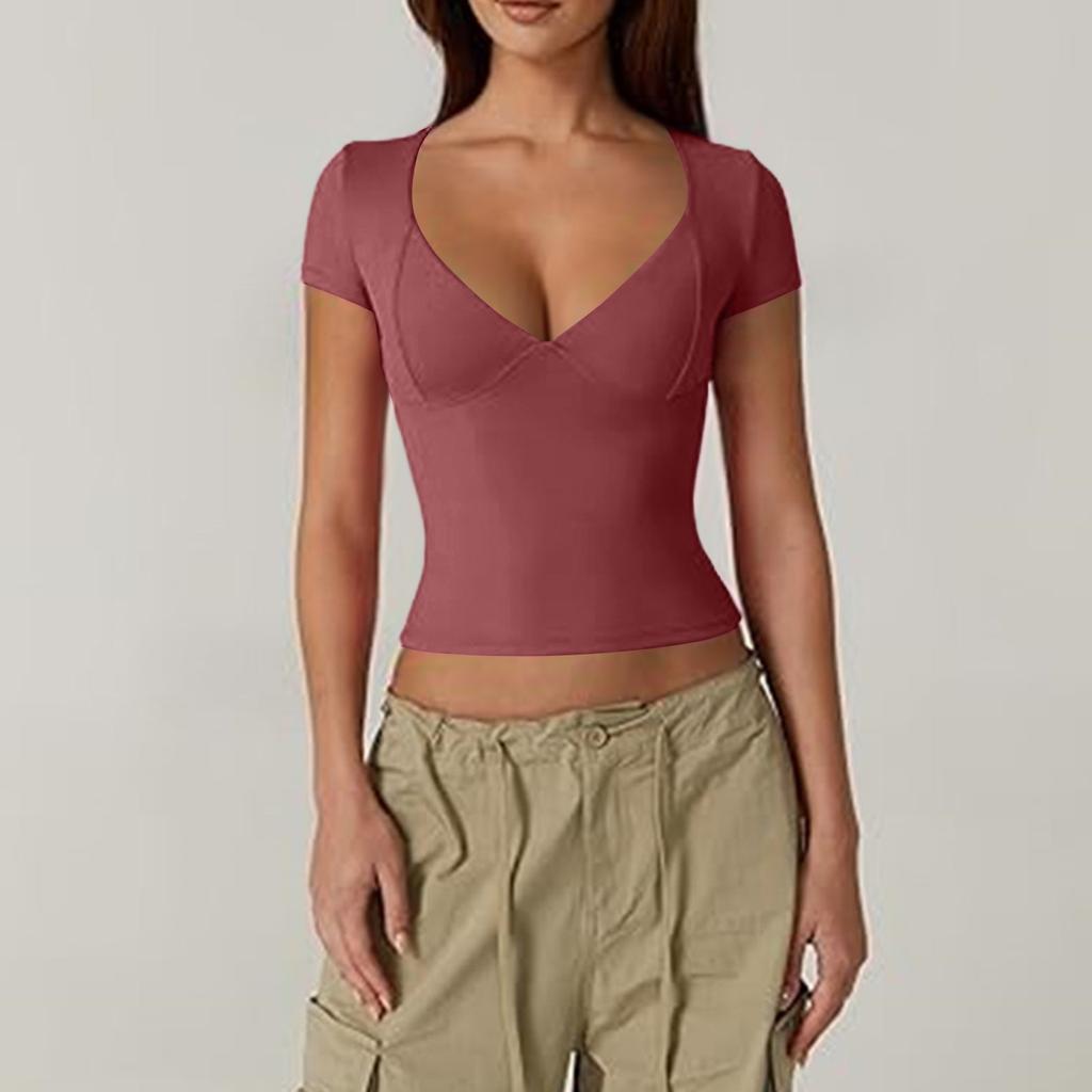Women's Top Slim Fitting T-Shirt V-Neck Top With Bottom Short Sleeved Sexy Solor Top T-shirt