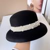 Australian Wool Bell Hat Women's Winter Hepburn Style Black Lampshade Hat Pearl Webbing Basin Hat Celebrity Top Hat