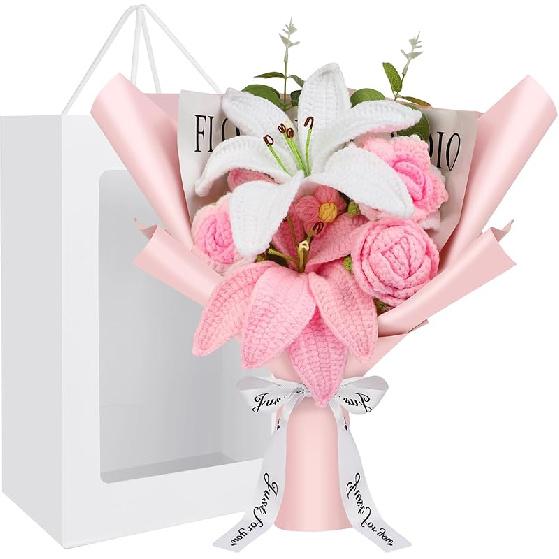 Crochet Flowers Crochet Flower Bouquet with Greeting Card Finished Handmade Knitted Flowers Roses & Lily Bouquet for Mother's Day Valentines Day