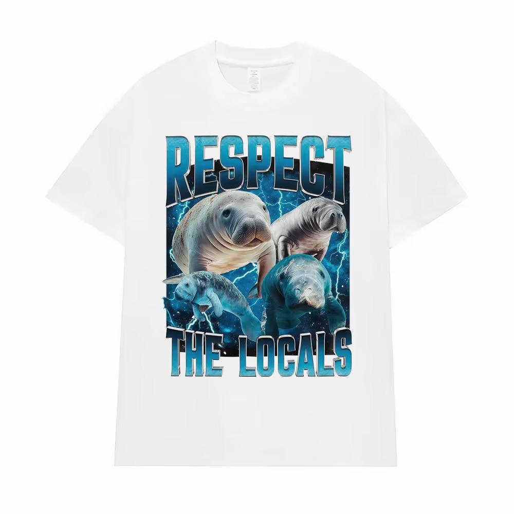 2026 Respect The Locals Wildlife Graphic T Shirt Funny Retro Manatee Meme Tee Shirt Men Women Casual Cotton Short Sleeve