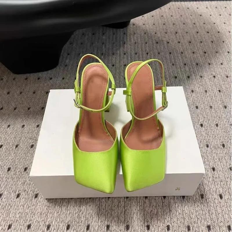 Fashion New Satin Mary Jane Fashion Sandals European American Women's Summer Square Head Thick Heel Shopping Commuting Style High Heels