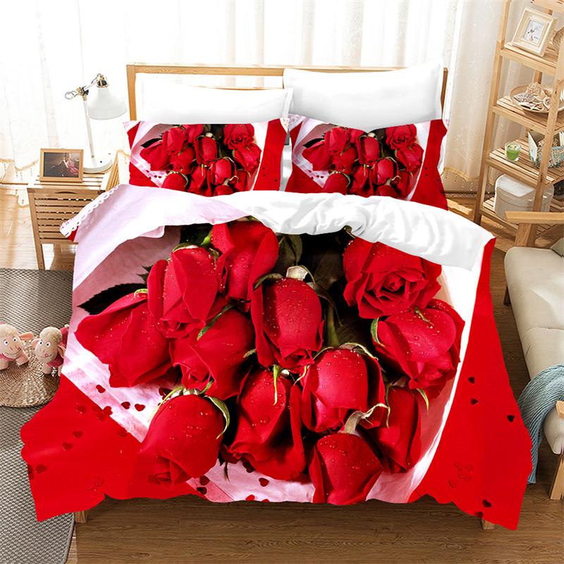 Rose Duvet Cover Set Pink Heart Rose Romantic Flower Theme Bedding Set For Lovers Double Queen King Size Quilt Cover