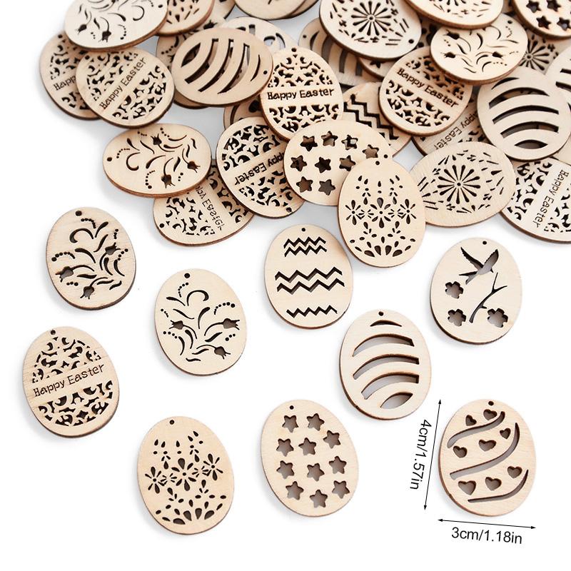 

50/100Pcs 4cm Easter Wooden Egg DIY Craft Hanging Ornament Hollowed Wood Chips Happy Easter Party Decorations For Home Kids Gift 25Pcs
