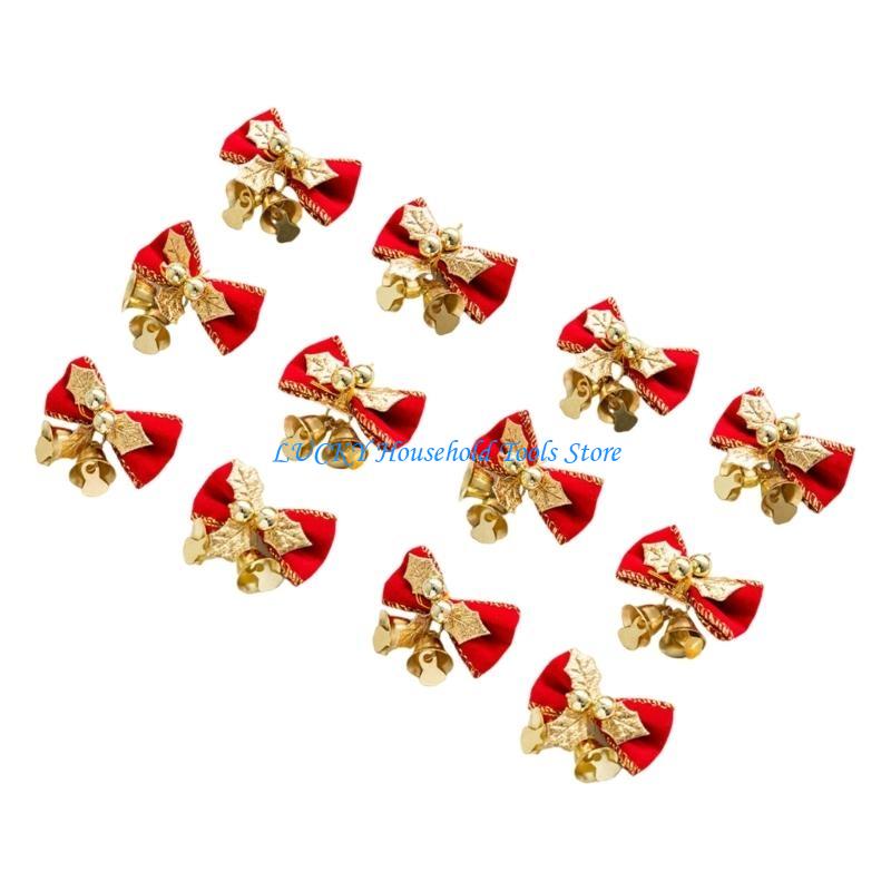J0MC 12Pcs Small Christmas Tree Bows Christmas Bows with Bells Christmas Wreaths Bows