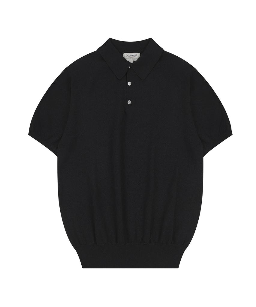 BELLIEF Essential Boucle Cotton Short-Sleeve Polo Knit (Black)