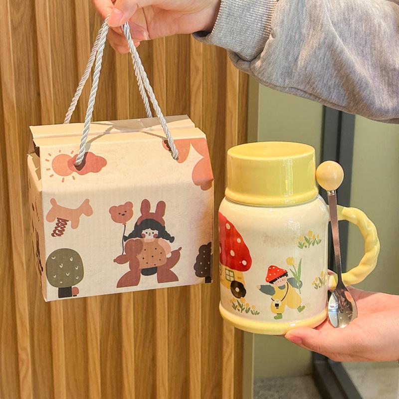 Cute pastoral girl kettle high-value ceramic mug with lid for girls' birthday gift practical souvenir