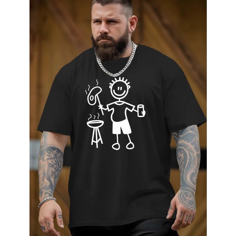 European Size Men's Large Barbecue Pattern T-Shirt - Oversized Casual Summer T-Shirt with Barbecue Illustration